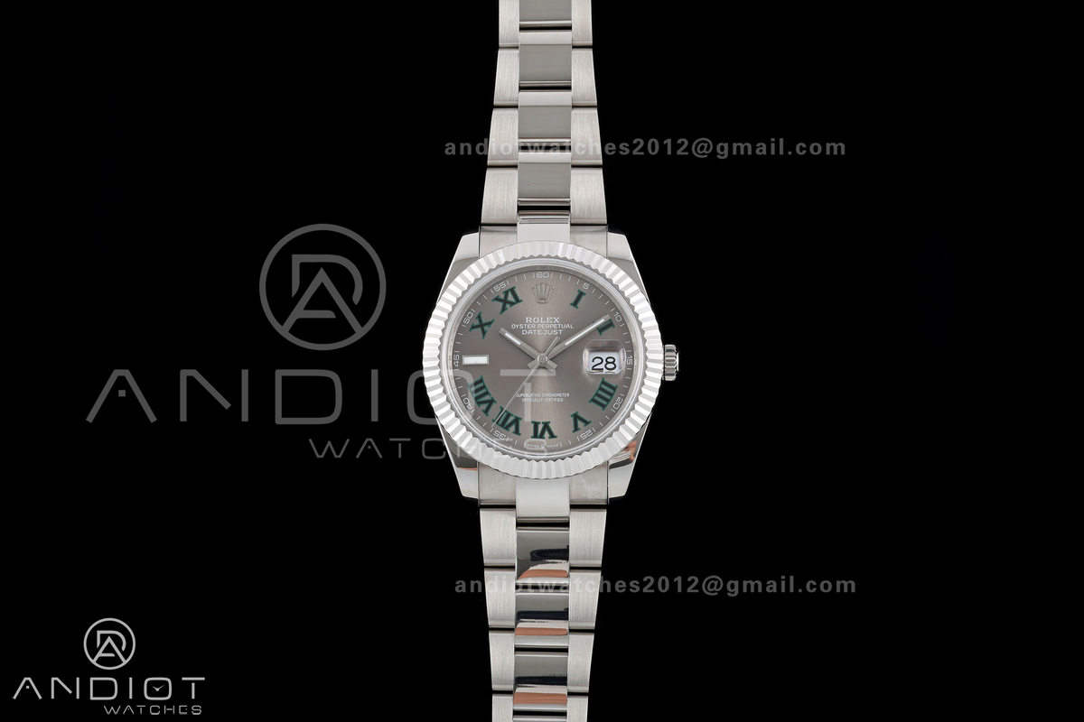 DateJust 41 126334 QF 1:1 Best Edition Gray Dial Green Roman on Oyster Bracelet JH3235 (Free Sprung)